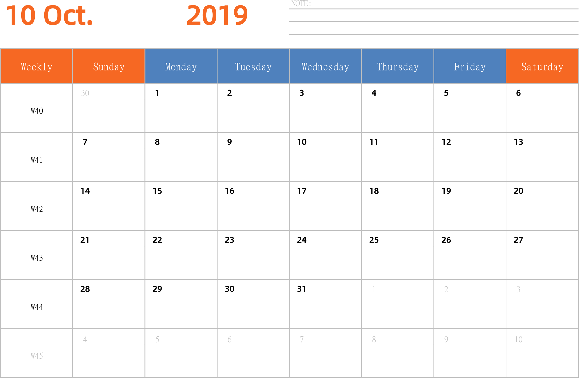 日历表2019年日历 英文版 横向排版 周日开始 带周数